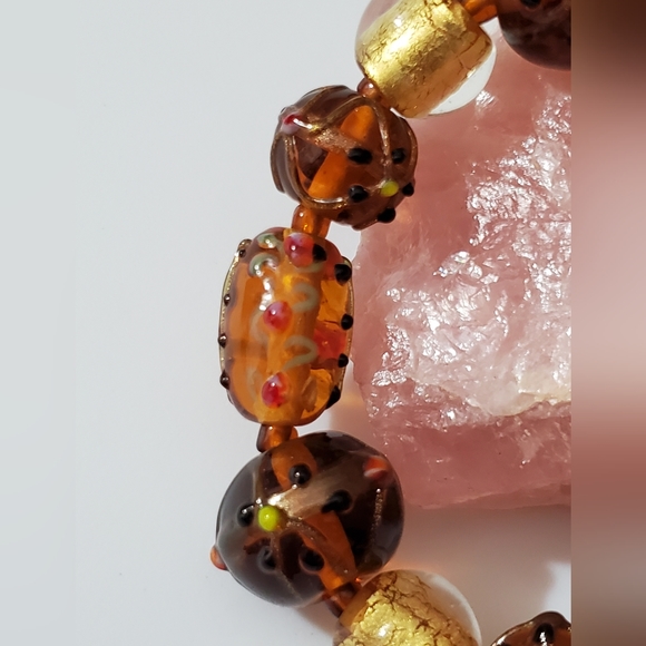 Vintage murano lampwork lamp beads venetian Italy bracelet amber gold foil beads - Picture 3 of 13